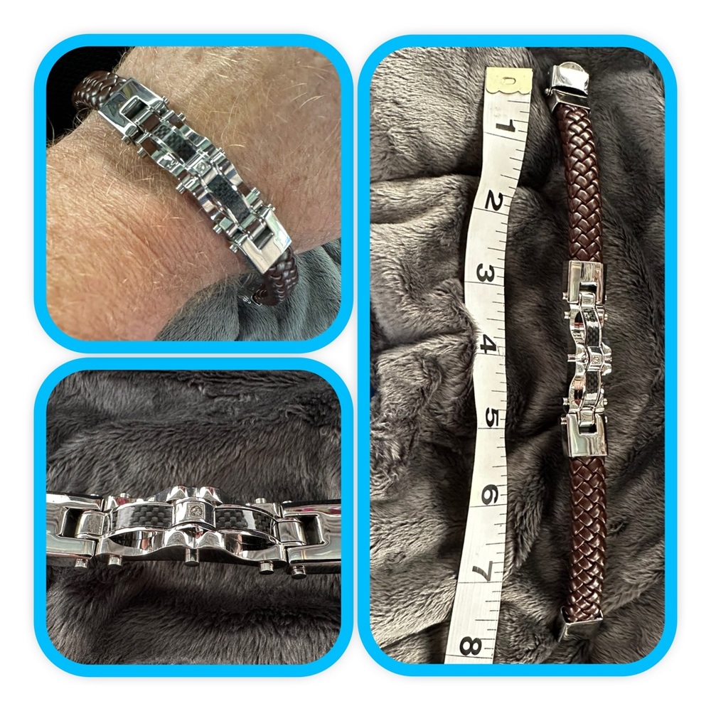 Men’s chunky stainless, carbon and diamond bracelet. Braided brown leather band.
